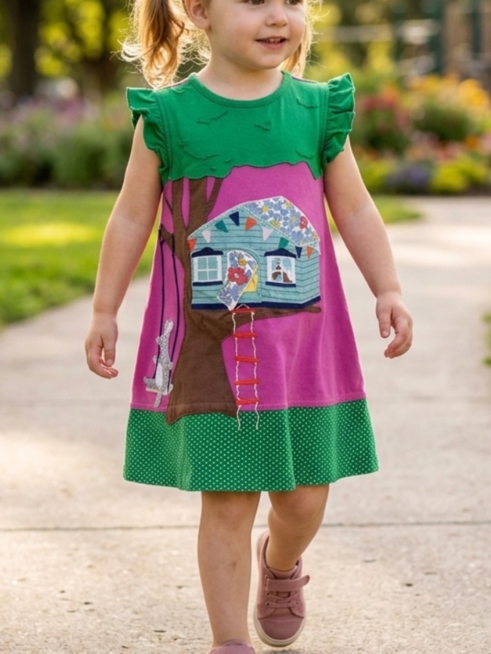Mini Boden Girls Size 2-3Y Lift The Flap Jersey Novelty Treehouse Appliqué Dress